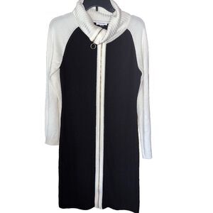 EUC CALVIN KLEIN Cream Black Long Zip Front Duster Sweater Dress Medium